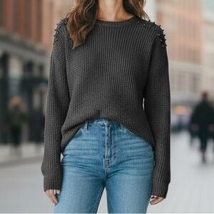 Topshop Charcoal Knit Pullover Sweater Wool Cotton Shoulder Studs Size 4